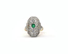 Load image into Gallery viewer, Vintage 18K Yellow Gold Ring With Platinum Top Set With Genuine Emerald and Diamonds.