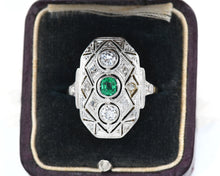 Load image into Gallery viewer, Vintage 18K Yellow Gold Ring With Platinum Top Set With Genuine Emerald and Diamonds in Box.
