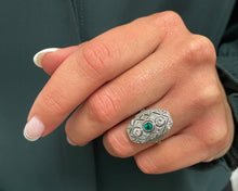 Load image into Gallery viewer, Vintage 18K Yellow Gold Ring With Platinum Top Set With Genuine Emerald and Diamonds on Hand.