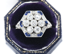 Load image into Gallery viewer, Vintage Platinum, Diamond, and Created Sapphire Cocktail Ring