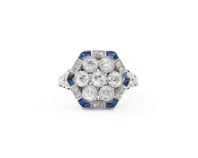 Load image into Gallery viewer, Vintage Platinum, Diamond, and Created Sapphire Cocktail Ring