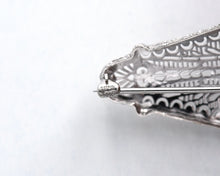Load image into Gallery viewer, Vintage signed Esemco 10K white gold filigree brooch set with diamond.