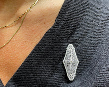 Load image into Gallery viewer, Vintage signed Esemco 10K white gold filigree brooch set with diamond.