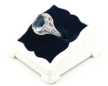 Load image into Gallery viewer, Vintage filigree 14K white gold and aquamarine ring.