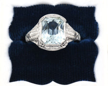 Load image into Gallery viewer, Vintage filigree 14K white gold and aquamarine ring.