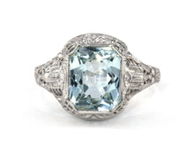 Load image into Gallery viewer, Vintage filigree 14K white gold and aquamarine ring.