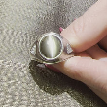 Load and play video in Gallery viewer, Estate Platinum Ring Set With GIA Certified Natural Cat's Eye Chrysoberyl And Diamonds Play with Phenomenon video