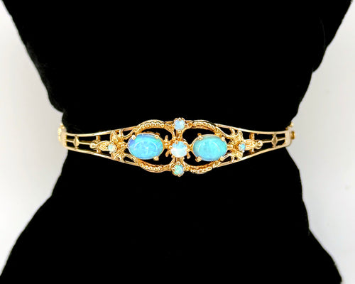 Vintage 14K Yellow Gold Opal Bangle Bracelet