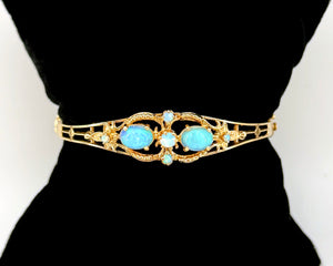 Vintage 14K Yellow Gold Opal Bangle Bracelet