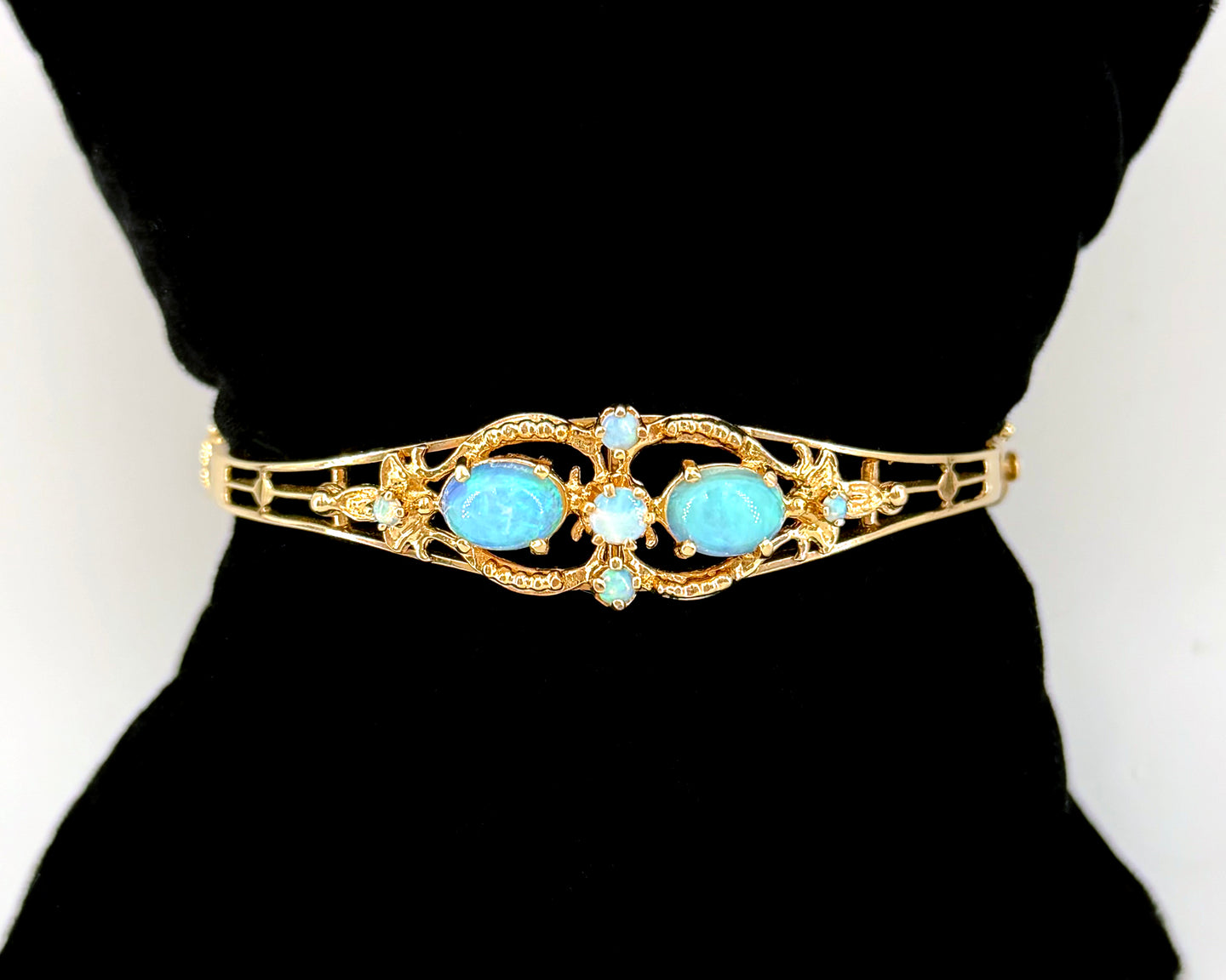 Vintage 14K Yellow Gold Opal Bangle Bracelet