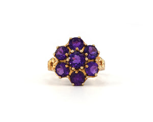 Vintage 10K Yellow Gold Amethyst Cocktail Flower Ring