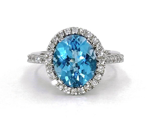 14K White Gold Blue Topaz Diamond Halo Ring