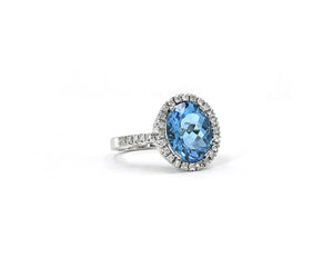 14K White Gold Blue Topaz Diamond Halo Ring