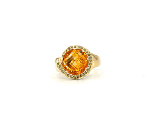14K Yellow Gold Checkerboard Cut Citrine and Yellow Diamond Ring