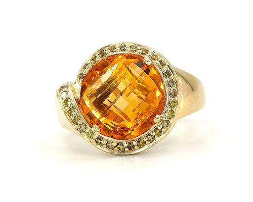 14K Yellow Gold Checkerboard Cut Citrine and Yellow Diamond Ring