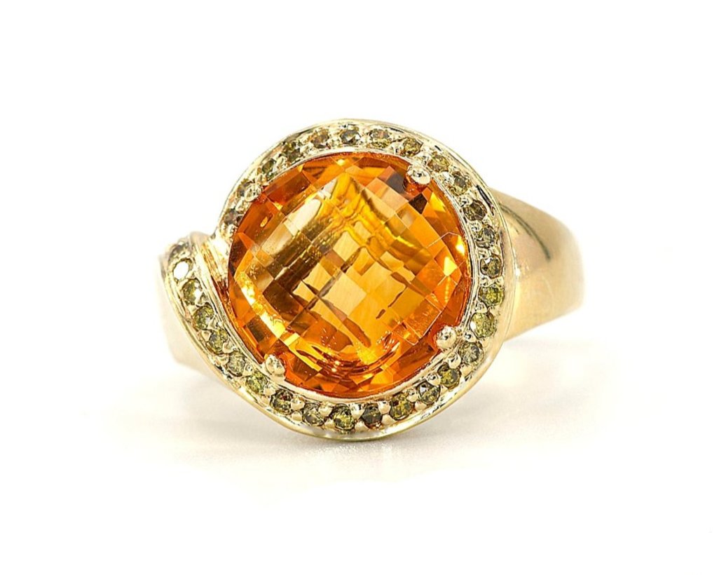 14K Yellow Gold Checkerboard Cut Citrine and Yellow Diamond Ring
