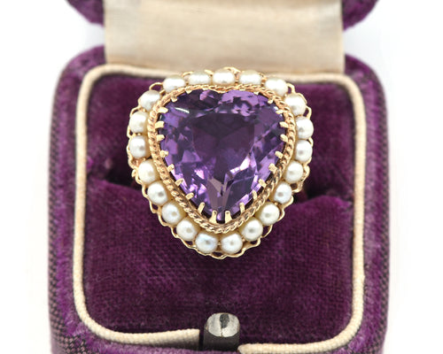 Antique 14k Yellow Gold Heart Amethyst Ring With Pearls