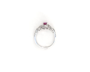 18K white gold oval ruby and diamond ring through view.