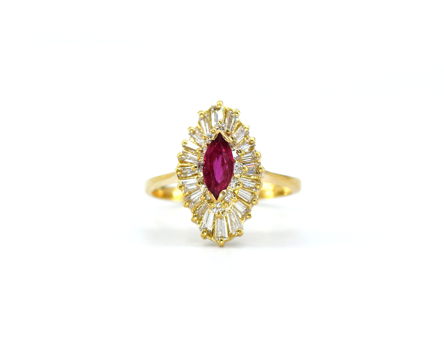 Marquise Ruby Ring With A Baguette Diamond Halo