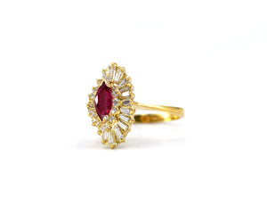 Marquise Ruby Ring With A Baguette Diamond Halo