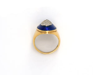 Vintage 18K Yellow Gold Ring Set With Pave Diamonds 0.25CTW & Blue Enamel