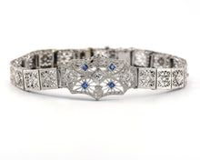 Load image into Gallery viewer, Antique 14K White Gold Diamond And Sapphire Bracelet With Filigree
