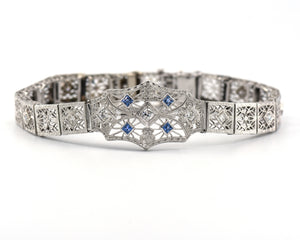 Antique 14K White Gold Diamond And Sapphire Bracelet With Filigree