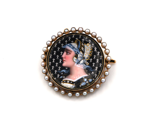 Antique Enamel Portrait And Pearl Brooch