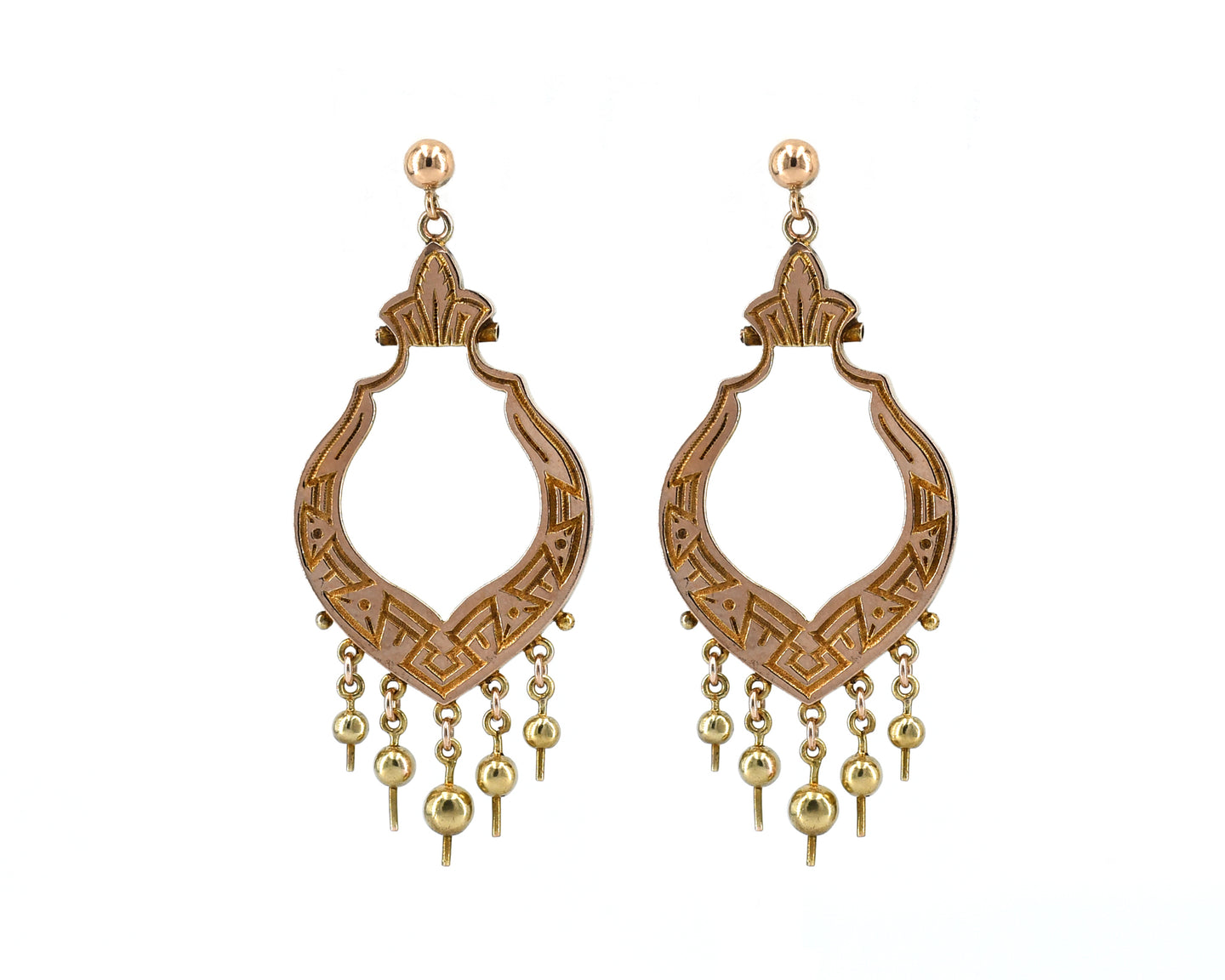 Antique Victorian 10K yellow gold dangler earrings with 14K yellow gold ball studs and push backs.