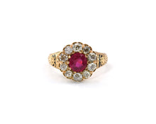 Load image into Gallery viewer, Antique yellow gold, enamel, ruby, and diamond ring. 
