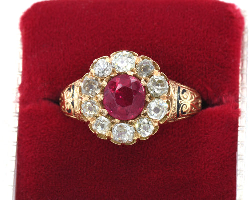 Antique yellow gold, enamel, ruby, and diamond ring. 