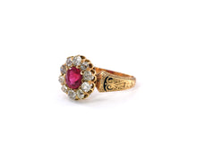 Load image into Gallery viewer, Antique yellow gold, enamel, ruby, and diamond ring. 
