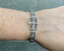 Load image into Gallery viewer, Antique 14K White Gold Diamond And Sapphire Bracelet With Filigree
