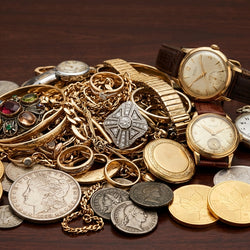 A pile of assorted vintage jewelry and watches, including gold and silver coins, bracelets, rings, necklaces, and wristwatches, arranged on a dark wooden surface.