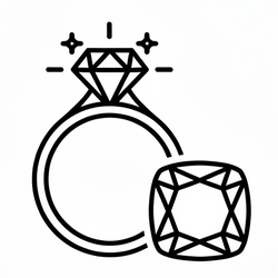 A minimalist black line art icon depicting a sparkling round diamond solitaire engagement ring and a loose cushion-cut diamond, set against a solid white background.