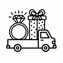 Black line art icon of a pickup truck carrying a diamond ring and a wrapped gift box, on a plain white background.