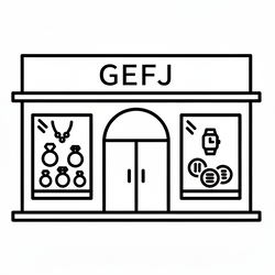A minimalist black line-art icon of a jewelry store with the text 'GEFJ' above the entrance, showing jewelry items, diamond engagement rings, watches, and coins in the windows, on a plain white background.