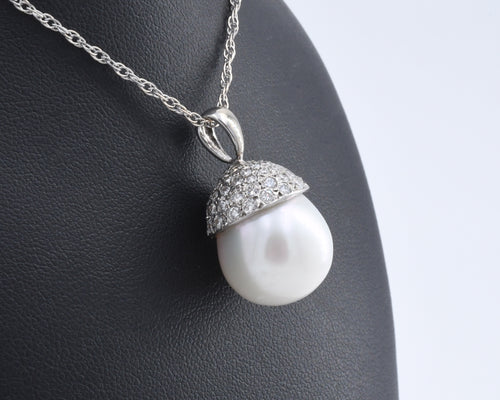 Pave Diamonds and Pearl Pendant Necklace