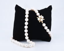 Load image into Gallery viewer, 9mm Pearl Strand Necklace With Pearl And Diamond Floral Clasp
