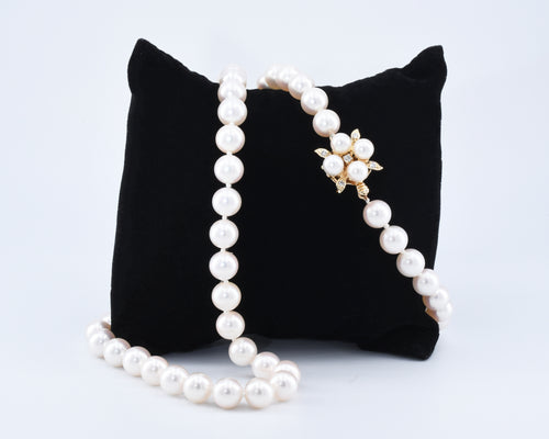 9mm Pearl Strand Necklace With Pearl And Diamond Floral Clasp