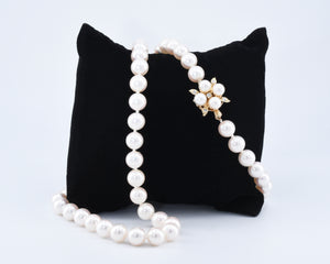 9mm Pearl Strand Necklace With Pearl And Diamond Floral Clasp