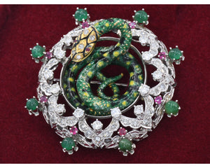 14K white gold + yellow gold, diamond, enamel, ruby, and emerald enchanting snake brooch/pendant.