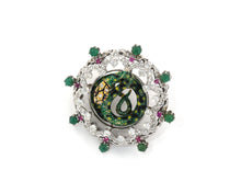 Load image into Gallery viewer, 14K white gold and yellow gold, diamond, enamel, ruby, and emerald enchanting snake brooch/pendant.
