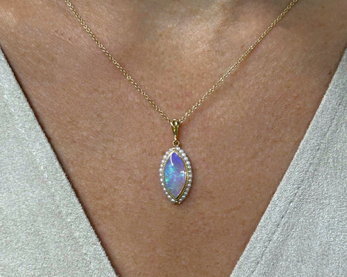 Vintage 14K yellow gold opal and seed pearl pendant necklace.