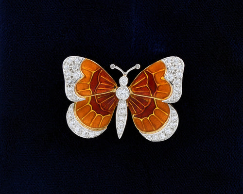 Signed Hammerman Brothers Vintage 18k Yellow Gold & Platinum Butterfly Enamel Pin