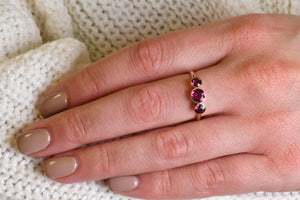 Vintage retro 14K rose gold and pink tourmaline three stone ring.