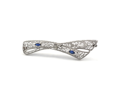 Vintage Sapphire And Diamond Filigree Ribbon Pin
