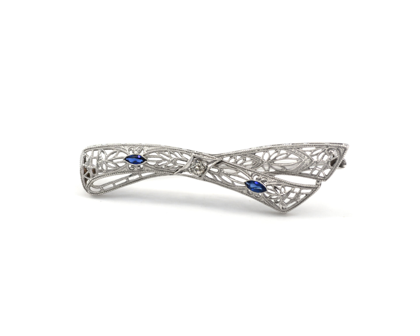 Vintage Sapphire And Diamond Filigree Ribbon Pin