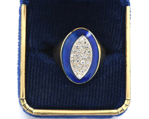Vintage 18K Yellow Gold Pave Diamond Blue Enamel Ring