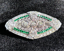 Load image into Gallery viewer, Vintage platinum, diamond and emerald brooch.
